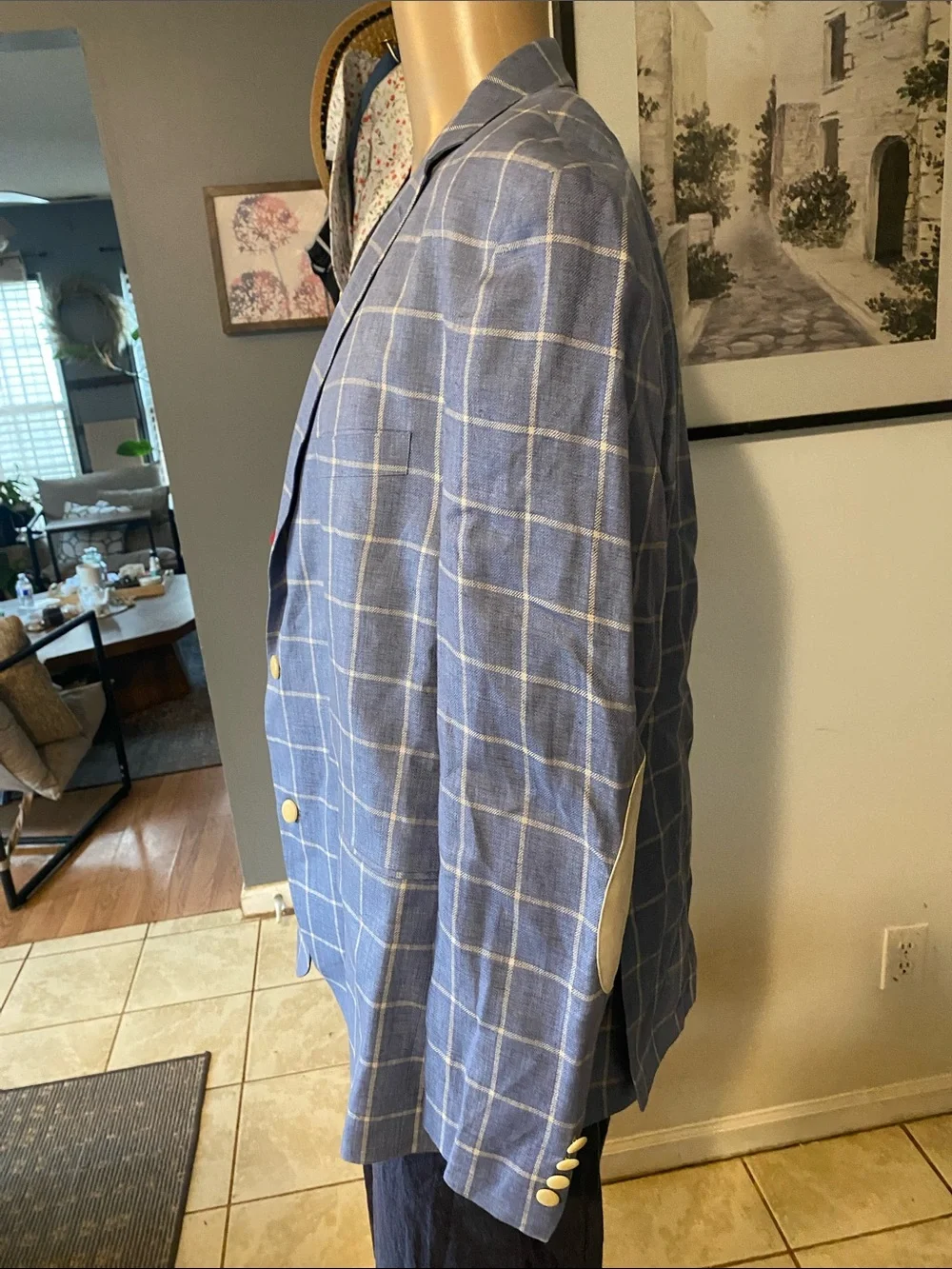 TALLIA linen Light Blue Windowpane Blazer with White Grid and Gold Buttons